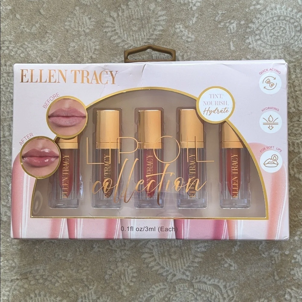 Brand New Ellen Tracy 5-Pack Lip Oil Collection Hydrating Tint Gloss Reds Pinks